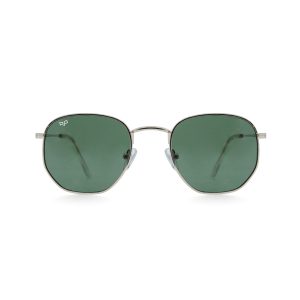 SQUARE GOLD FRAME AND TEMPLES AND GREEN LENSES