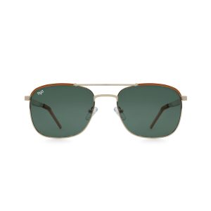 SQUARE GOLD FRAME AND TEMPLES WITH GREEN POLARISED LENSES